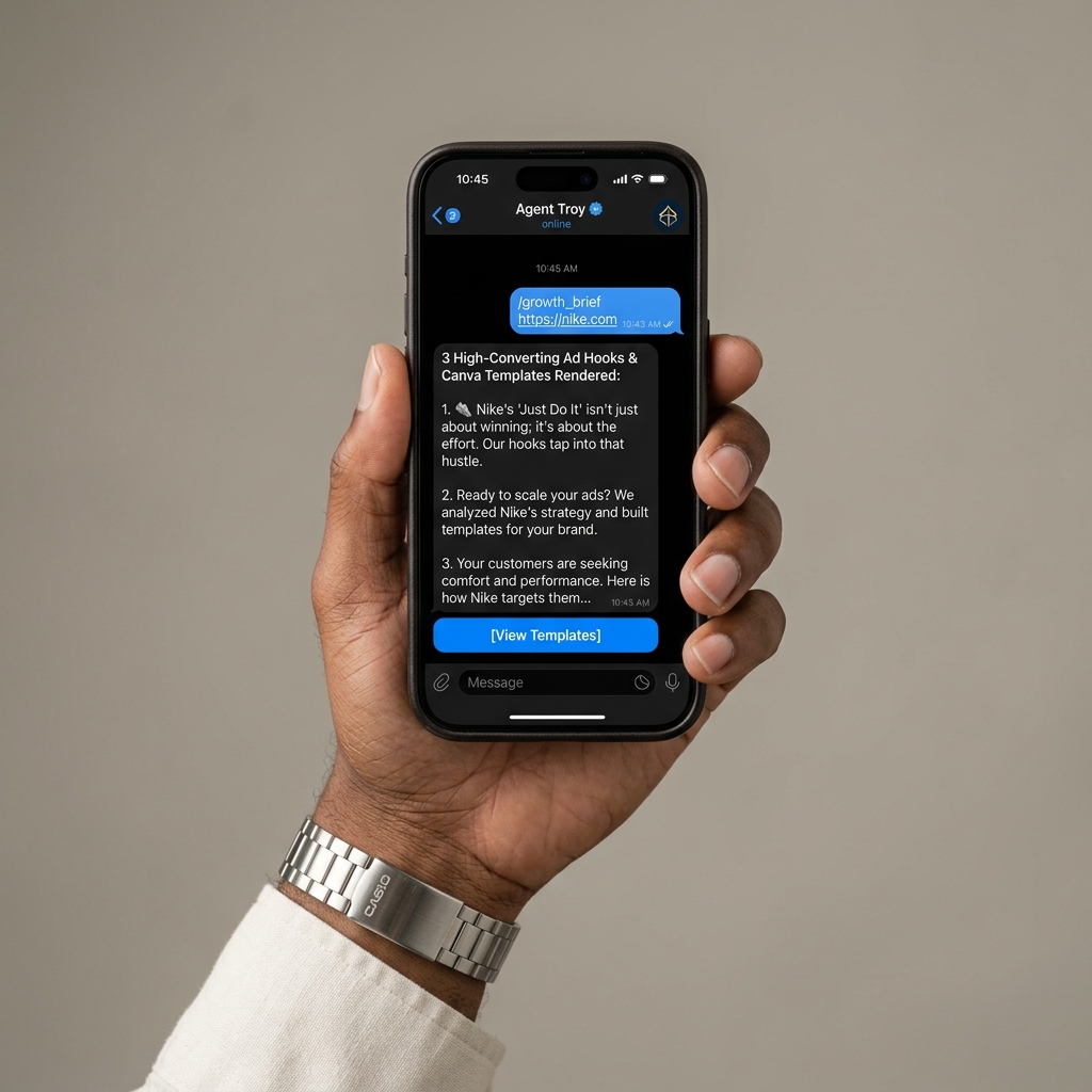 Agent Troy on Telegram on iPhone 16 Pro Max held in hand with Casio watch